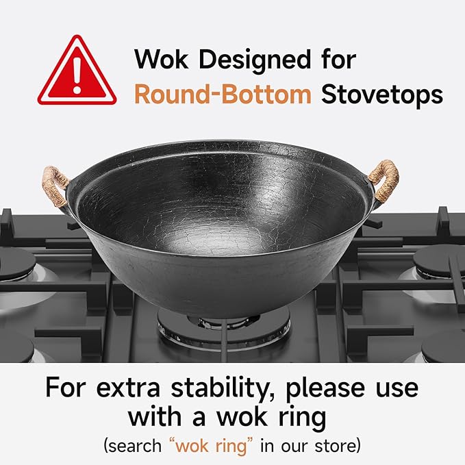WANGYUANJI 11.8" Round Bottom Cast Iron Wok - Small Traditional Pow Wok for Camping & Open Fire - Gas Stove Compatible (Wok Ring Required) - Uncoated Stir Fry Pan with Cleaning Brush