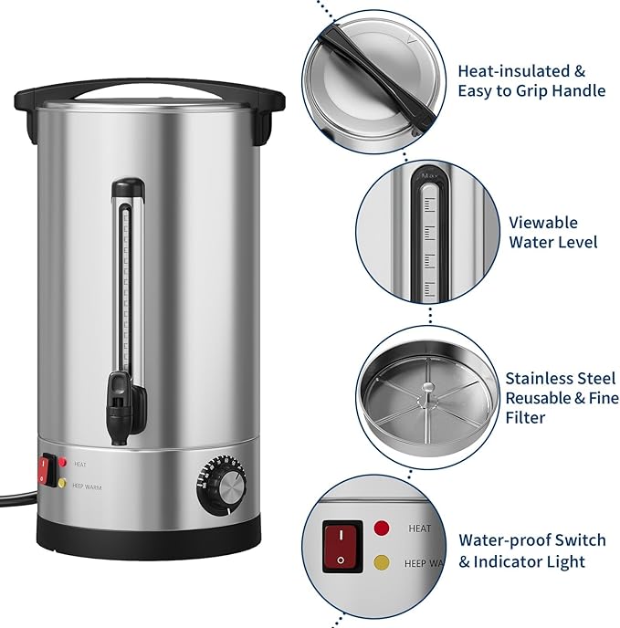 70-Cup Commercial Coffee Urn – 10l Large Stainless Steel Electric Coffee Maker with Double-Wall Insulation and Filter Basket – Suitable for Buffets, Catering, Parties, Weddings, and Business Events