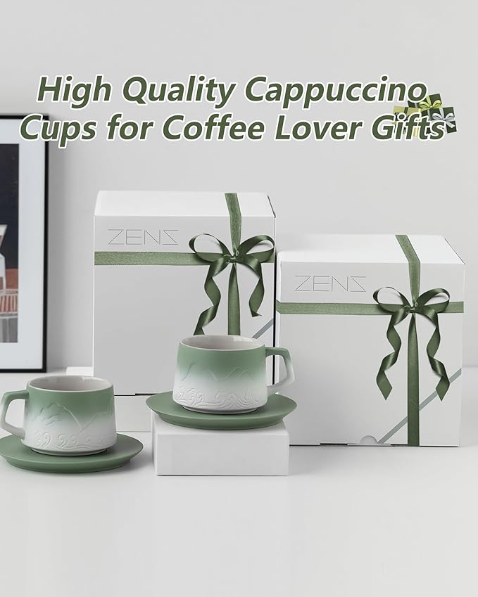 ZENS 8 Ounce Artistic Cappuccino Cups Set of 2, Embossed Ceramic Coffee Mug with Saucers for Latte Art, Moss Green & White