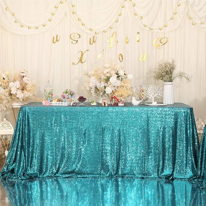 Eternal Beauty Teal Tablecloth, 60x120 Inch Sequin Rectangle Table Cover for Cake Dessert Exhibition Party Birthday Events