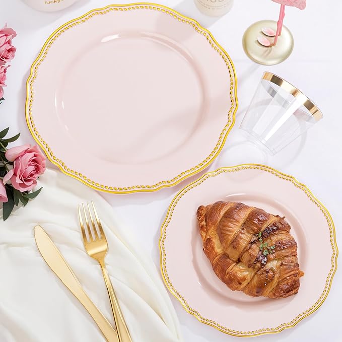 Hioasis 175pcs Pink and Gold Plastic Plates - Pink Plastic Dinnerware Set Includes 25 Dinner Plates, 25 Dessert Dinnerware, 25 Cups, 25 Napkins Perfect for Wedding & Valentine's Day