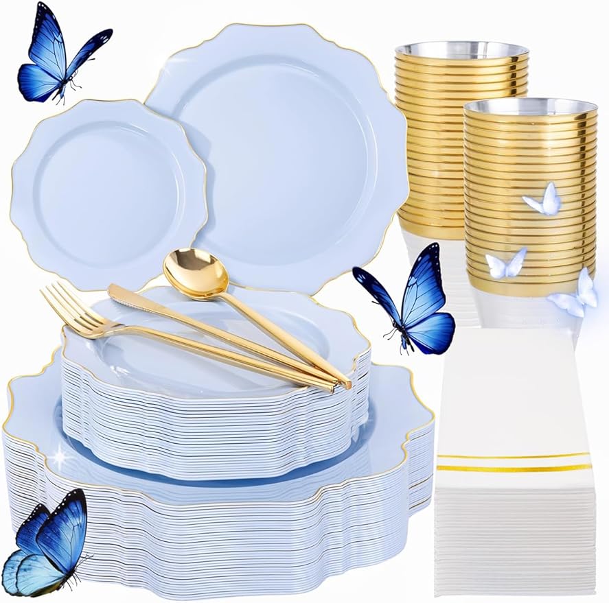 WDF 175Pcs Blue Plastic Plates - Heavy Duty Baby Blue Plates Disposable - 25Guests Plastic Dinnerware Ideal for Parties/Wedding/Baby Shower/Easter