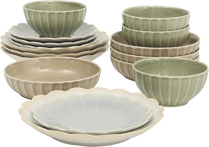 Gibson Elite Malibu Shore 16 Piece Scallop Stoneware Reactive Glaze (Service for 4) Ceramic Plates and Bowls Dinnerware Set - Assorted Color (Shiny Cream White, Blue, Cream, Terracotta)