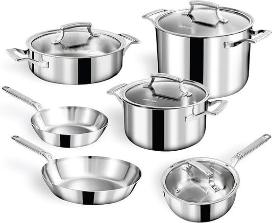 10-Piece Triply Stainless Steel Cookware Set - Fully Clad Pots and Pans Set with 8 Qt Stock Pot, Saute, Saucepan, Frying Pan - Non Toxic Cookware - Induction, Dishwasher & Oven Safe