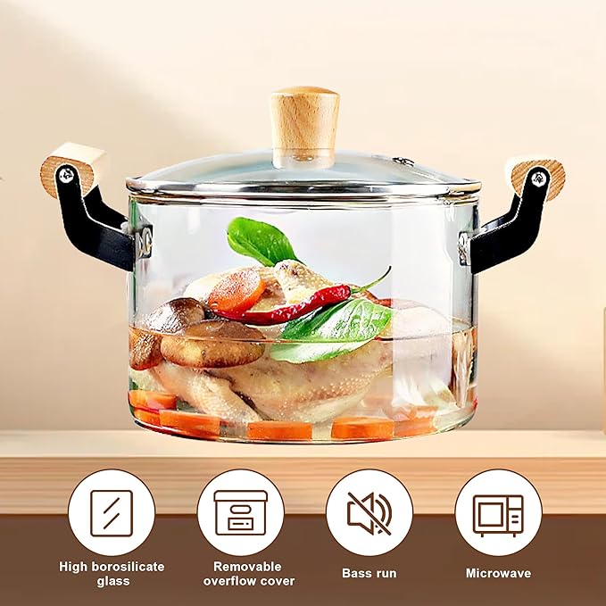 Glass Simmer Pot 3.5L Pots for Cooking with Cover and Wooden Handle Glass Cookware for Stovetop Safe for Pasta Noodle Soup Milk Baby Food(118 oz)