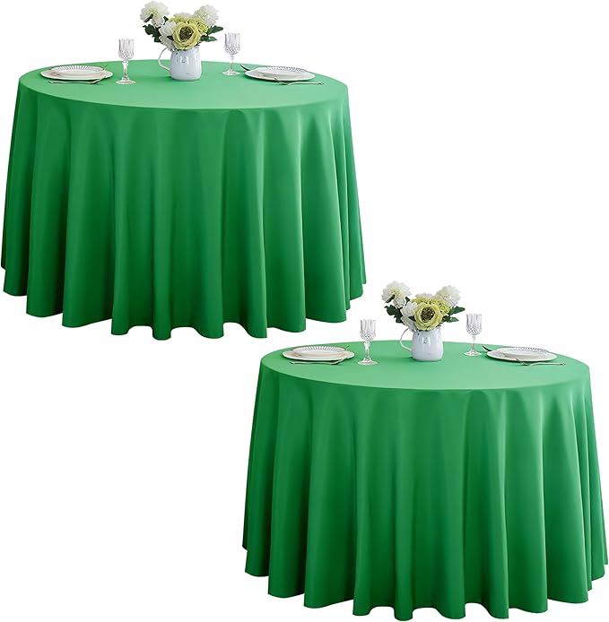2-Pack Round 108-inch Forest Green Table Cloths, Solid Stain and Wrinkle Resistant Circular Tablecloth, Premium Plain Weave Polyester Fabric Table Linen Covers for Hotel, Banquet