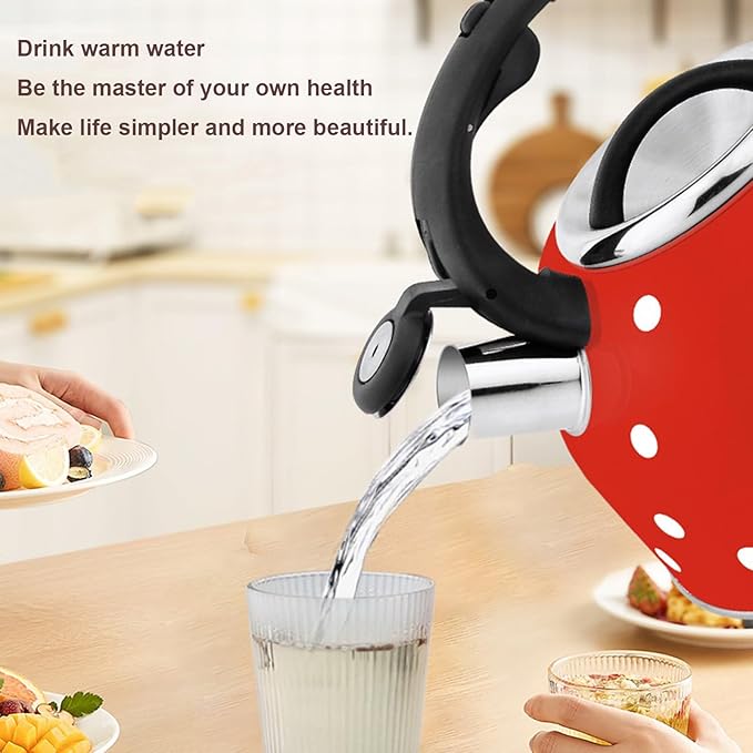 Red and White Polka Dot Tea Kettle, Cute Whistling 2.6 Quarts Tea Pot for Stove Top, Stainless Steel Teapot Stovetop with Cool Grip Ergonomic Handle Gas & Electric Stove Safe(2.5L)