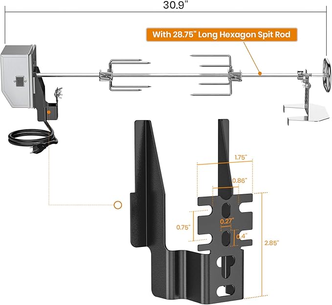 only fire Stainless Steel Rotisserie Kit Grilling Accessories with 6 Watt 110V Electric Motor for Gas Grills - 28 × 0.35 Inch Hexagon Spit Rod