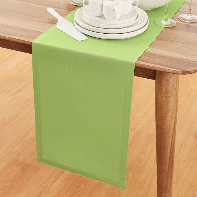 Solino Home Cotton Linen Table Runner 90 Inches Long - Dru Apple Green Table Runner 14 x 90 Inch for Dining, Spring, Easter, St Patricks Day - Handcrafted and Machine Washable