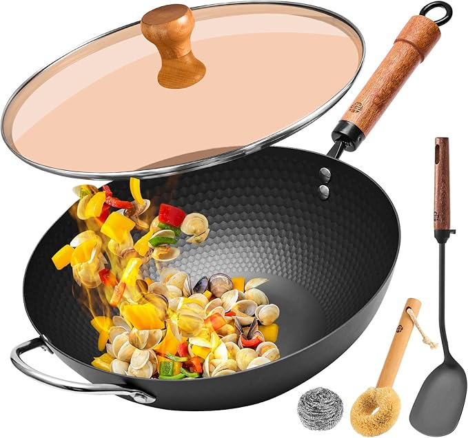 WANGYUANJI 12.6 Inch Iron Wok with Glass Lid and Iron Spatula, Flat Bottom Carbon Steel Wok Pan with Helper Handle, Non-Coated Stir Fry Pan for Induction, Gas and Electric Stoves