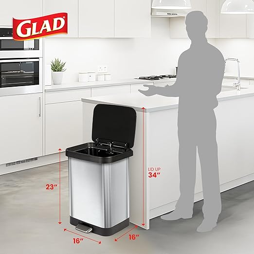 Glad GLD-74506 Stainless Steel Step Trash Can with Clorox Odor Protection | Large Metal Kitchen Garbage Bin with Soft Close Lid, Foot Pedal and Waste Bag Roll Holder, 13 Gallon, Stainless