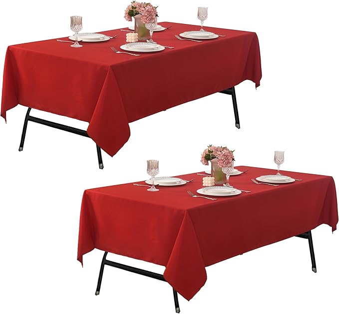 2-Pack 60x120 inch Red Table Cloths, Solid Stain and Wrinkle Resistant Oblong Tablecloth, Premium Plain Weave Polyester Fabric Rectangle Table Linen Covers for Hotel, Wedding