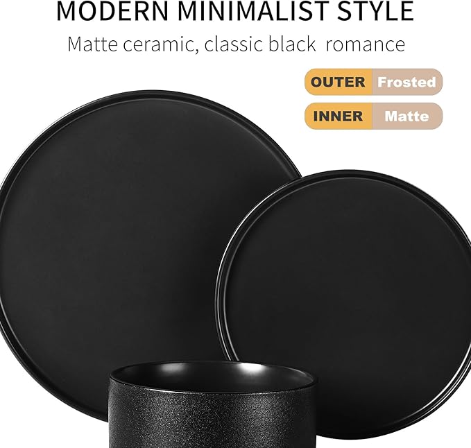 GZG Classic Series - Plates and Bowls Set for 2, 6 Piece Stoneware Dinnerware Sets, Microwave and Dishwasher Safe Lead-Free Handcrafted Ceramic Dishes Set - Frosted Matte Black