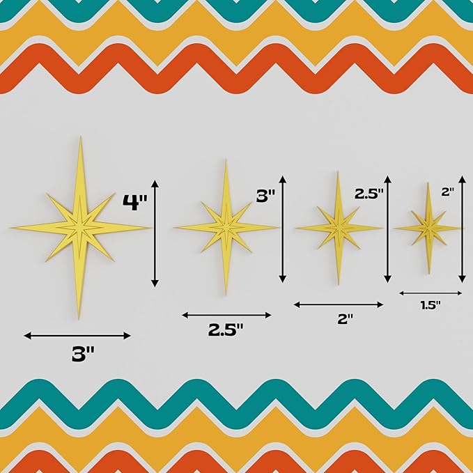 Midcentury Modern Vintage Style Atomic Star Bursts Fridge Magnets Art Refrigerator Kitchen Décor 1960s Retro Stars 50s Home Office MCM (Gold)