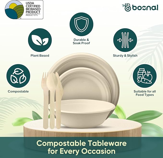 BOSNAL 10 inch & 7 inch Round Plates with 32 oz Bowls & Cutlery – 100% Plant-Based Sugarcane Bagasse, Eco-Friendly Disposable Dinnerware for Hot & Cold Meals, Microwave Safe, Durable & Compostable