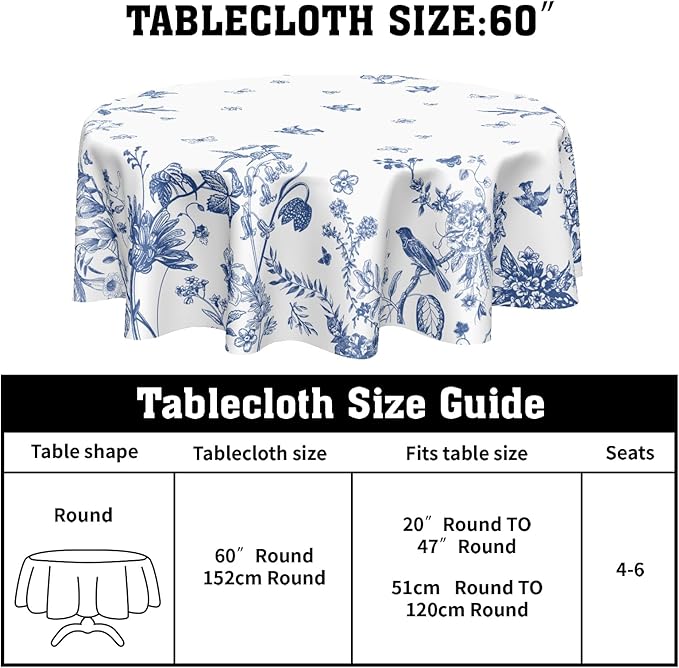 Spring Blue White Floral Round Tablecloth 60 Inch Summer Chinoiserie Flower Bird Circle Table Cloth Rustic Farmhouse Table Cover for Party Kitchen Dinner Home Decor