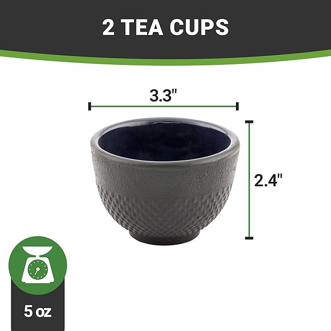 Restaurantware-Tetsubin 5 Ounce Cast Iron Tea Cups, Set Of 2 Hobnail Black Cups - Enamel Coated Interior, Durable, Black Cast Iron Asian Tea Cup, For Homes or Restaurants, Corrosion-Resistant