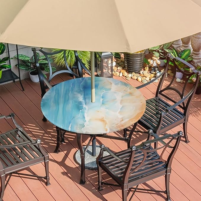 Outdoor Round Tablecloth with Umbrella Hole, Ocean Fitted Table Cloth with Elastic 45"-56" Waterproof Oil-Proof Circle Patio Table Cover for Picnic Camping Party