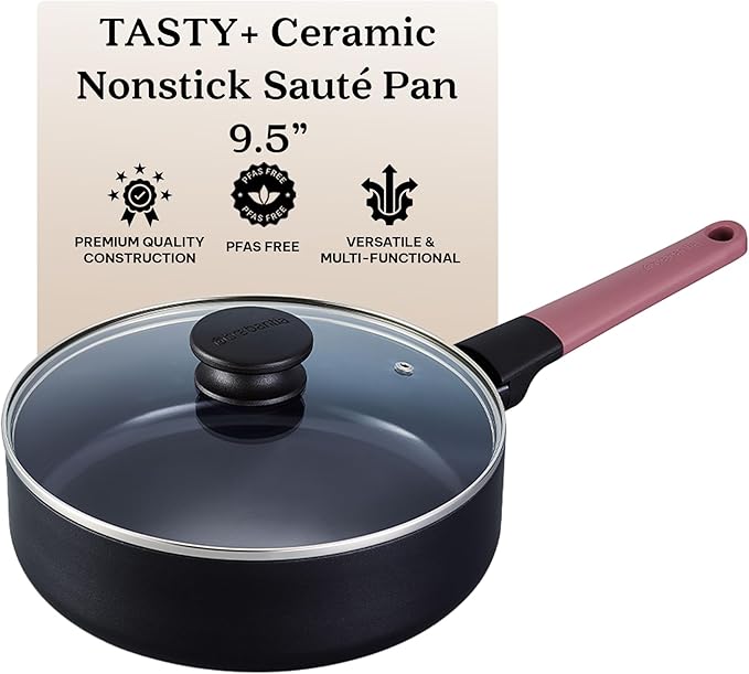 Brabantia Tasty+ 9.5” Nonstick Ceramic Sauté Pan with Lid – PFAS/PFOA/PTFE Free, 2.5 Qt Deep Skillet for Healthy Cooking, Stay-Cool Handle, All Stovetop Safe