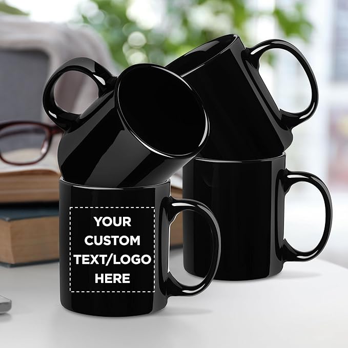Custom Ceramic Coffee Mugs 11 oz. Set of 50, Personalized Bulk Pack - Coffee cup set, Iced coffee cup, Gaming mug - Black