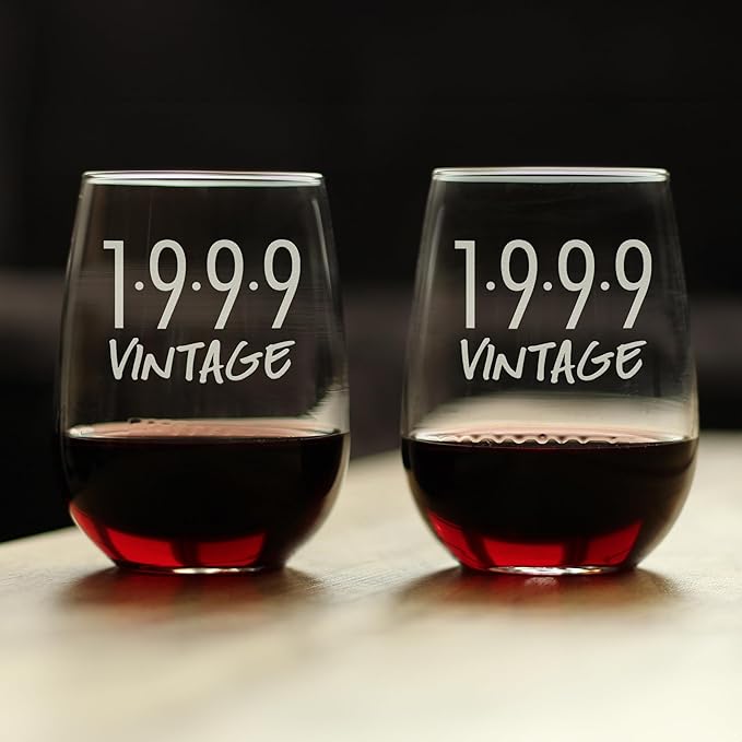 Bevvee Vintage 1999 Stemless Wine Glass - 27th Birthday Gifts for Women & Men Turning 27 - Bday Party Decor - Set of 2 - Large 17 oz