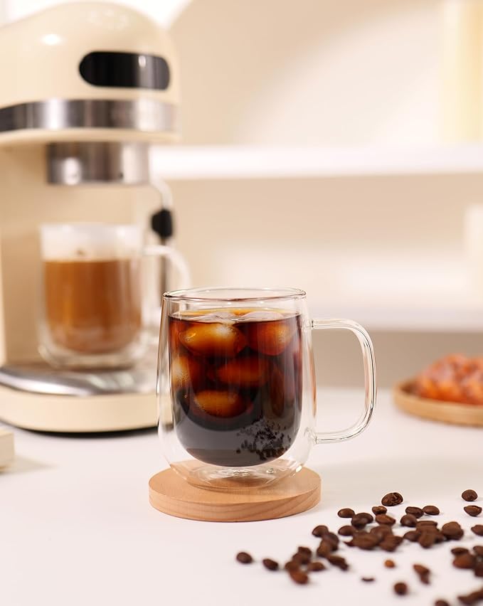CNGLASS Large Double Wall Glass Coffee Mug 15.2oz,Clear Insulated Glass Espresso Cup with Big Handle,Clear Glass Espresso Mugs for Latte,Cappuccino,Tea Bag,Hot and Cold Beverages,set of 4