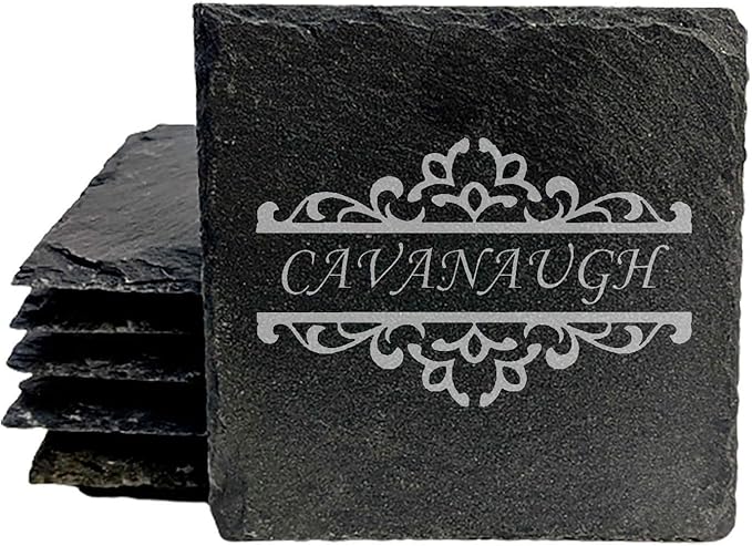 Personalized Monogram Family Coasters, Natural Stone Set, Birthday, Wedding, Customized, Rustic - Square Slate - Set of 6