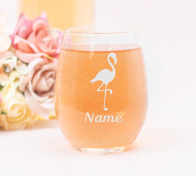 C M Flamingo with Name, 17 oz Custom Stemless Wine Glass - Personalized Flamingo Themed Gift for Women and Men