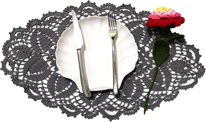 BIBITIME Lace Tablecloth Doily Handmade Crochet Placemat Women Vase Mat Kitchen Table Runner (1PC- 12 x 22 in, Dark Grey)