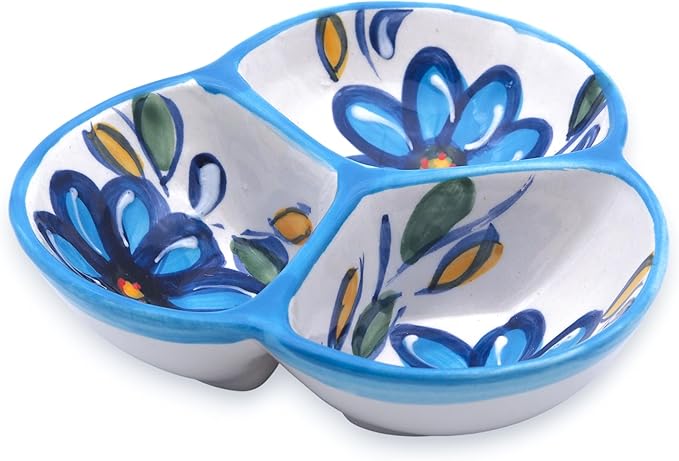 Ceramic Chip & Dip Bowl 7.5”, 3-Compartment Divided Serving Dish & Condiment Tray for Appetizers – Handmade in Spain, Lead-Free Glaze, Microwave, Oven & Dishwasher Safe