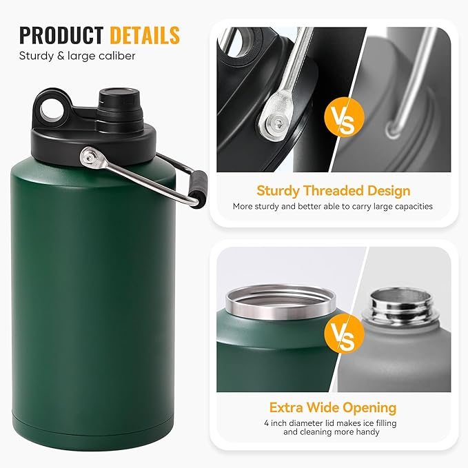 Insulated Gallon Jug with Handle, One Gallon, 128oz Stainless Steel, Large Double Vacuum Water Bottle for Cold Drinks, Wide Mouth, Sweat Proof, Carrier bag, Great for Travel, Camping, Green