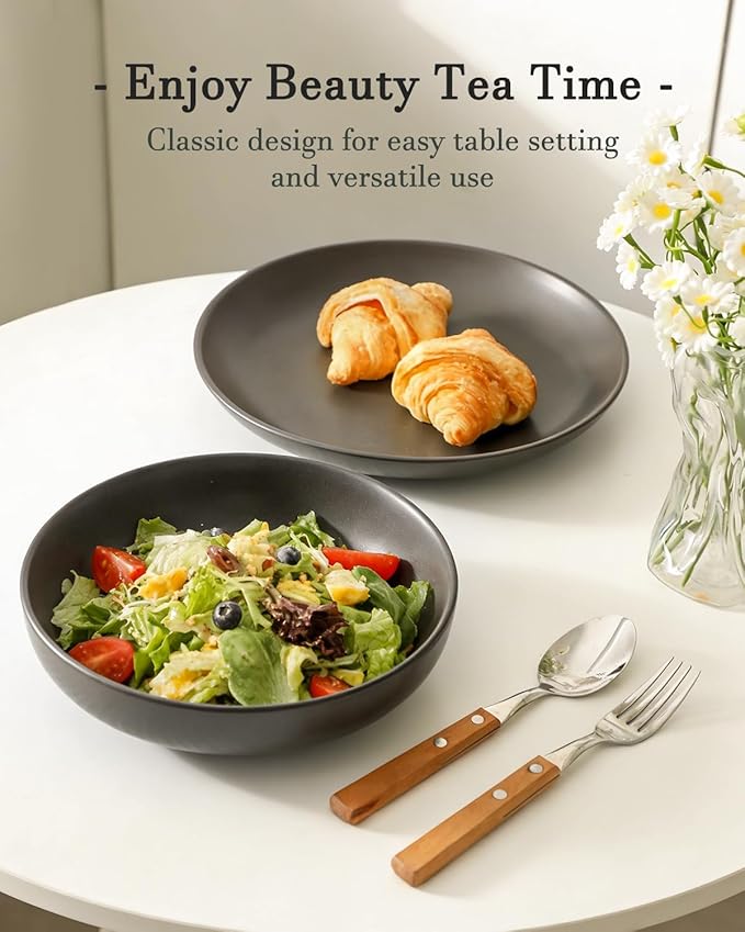 Stoneware Dinnerware Set for 4 Person,12 Pieces Ceramic Plates and Bowls Sets Matte Black Modern Dish Set for Kitchen Dinner,Scratch Resistant,Microwave and Dishwasher Safe,Round