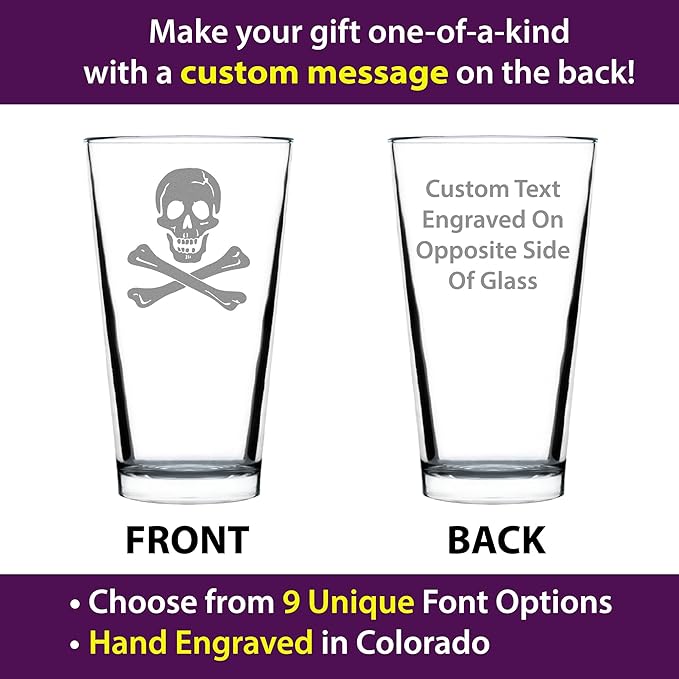 Custom Skull and Crossbones Pint Glass for Beer - Skull Decor and Jolly Roger Flag Gifts - 16 Oz Glasses