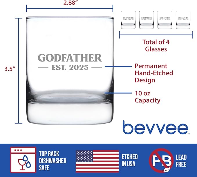 Bevvee Godfather Est 2025 - New Godfather Whiskey Rocks Glass Proposal Gift for First Time Godparents - Set of 4 - Bold 10.25 Oz Glasses