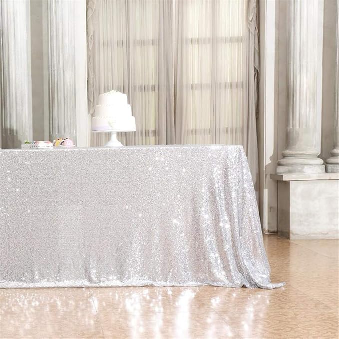 Eternal Beauty Silver Tablecloth, 50x80 Inch Sequin Rectangle Glitter Table Cover for Cake Dessert Exhibition Party Birthday Events