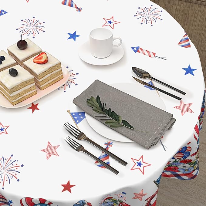 4th of July Round Tablecloth 60 Inch Patriotic Truck Gnome American Flag Polyester Table Cloth Memorial Day Independence Day Table Cover Decoration for Kitchen Dinner Party