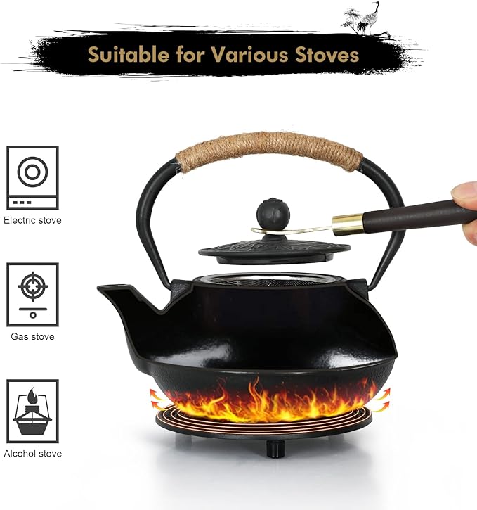 RekRang Longevity Crane Cast Iron Teapot, Japanese Style Tetsubin Tea Kettle with 4 Cups, Removable Infuser and Trivet, Antique Cast Iron Tea Set for Stove, 800ml, 28Ounce