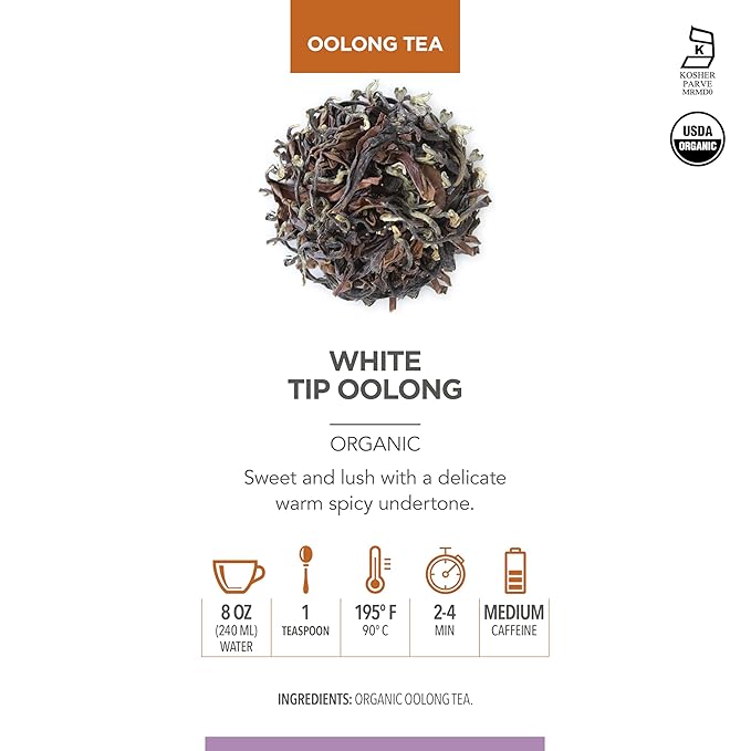 Teabloom Organic White Tip Oolong Loose Leaf Tea, Sweet and Lush with a Delicate Warm Spicy Undertone, USDA Certified Organic and Kosher, 2.12 oz. /60 g Canister Makes 35-50 Cups