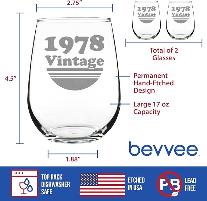 Bevvee Vintage 1978 Stemless Wine Glass - 48th Birthday Gifts for Women & Men Turning 48 - Bday Party Decor - Set of 2 - Large 17 oz