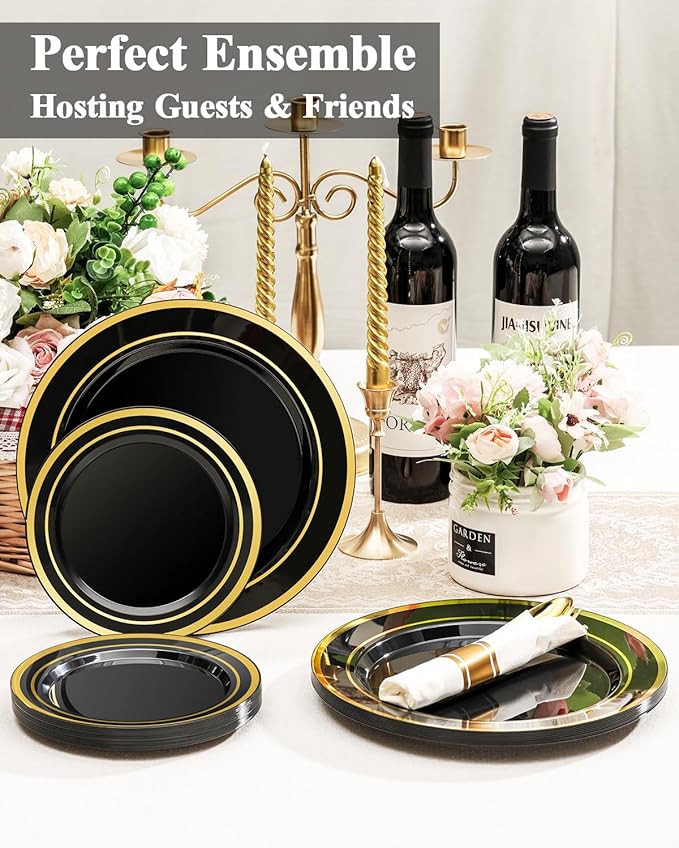 BESTSTAR 100PCS Black Plastic Plates Set with Gold Rim, 50 10.25 inch Dinner Plates and 50 7.5 inch Dessert Plates, Premium Disposable Plates forfor Party, Wedding, Holiday,And Halloween