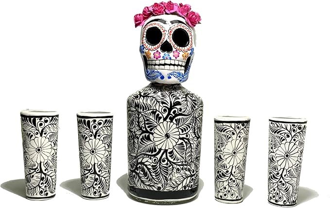 Tequila Decanter Set,Frida Kahlo Gift, Hand-painted Decanter, Skull Decanter, Bar Decoration, Unique Tequila Gift, Artesania mexicana, Catrina, Mexican Sugarskulls (White Frida Kahlo Set)