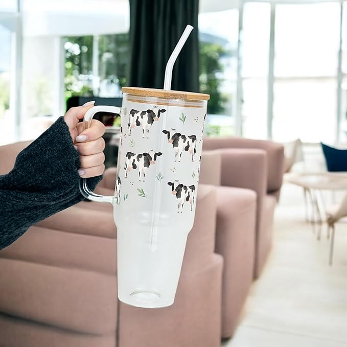 Sip Sip Hooray Pasture Perfect Cow 40oz Glass Tumbler with Lid and Straw, Cow Lover Coffee Cup, Large Farmhouse Drinkware, Cow Mom Gifts, Cute Gift for Farmers, Cow Kitchen Decor