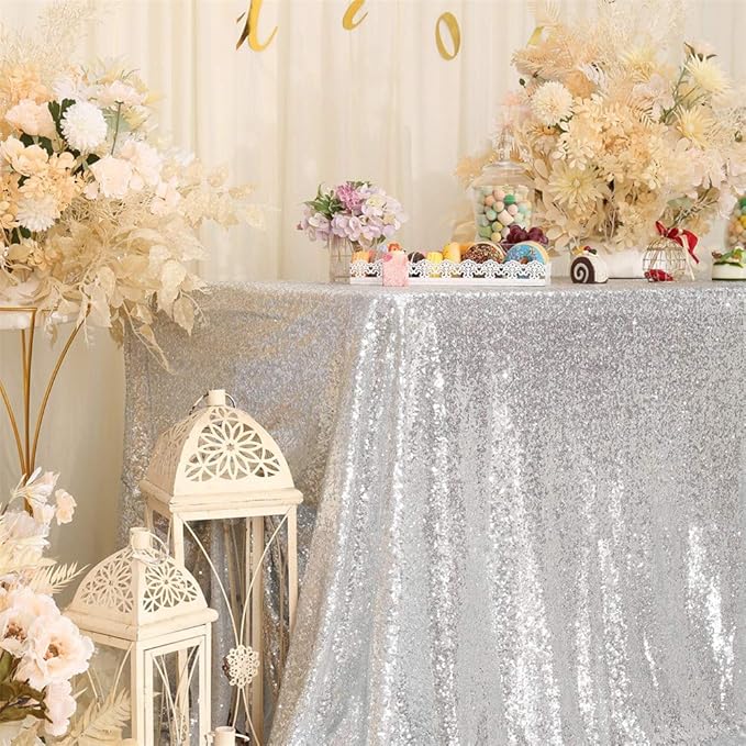 Eternal Beauty Silver Tablecloth, 50x80 Inch Sequin Rectangle Glitter Table Cover for Cake Dessert Exhibition Party Birthday Events