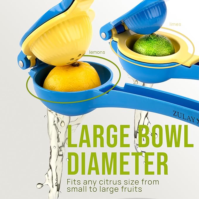 Zulay Kitchen Metal 2-in-1 Lemon Squeezer - Sturdy Max Extraction Hand Juicer Lemon Squeezer Gets Every Last Drop - Easy to Clean Manual Citrus Juicer - Easy-Use Lemon Juicer Squeezer - Blue/Yellow