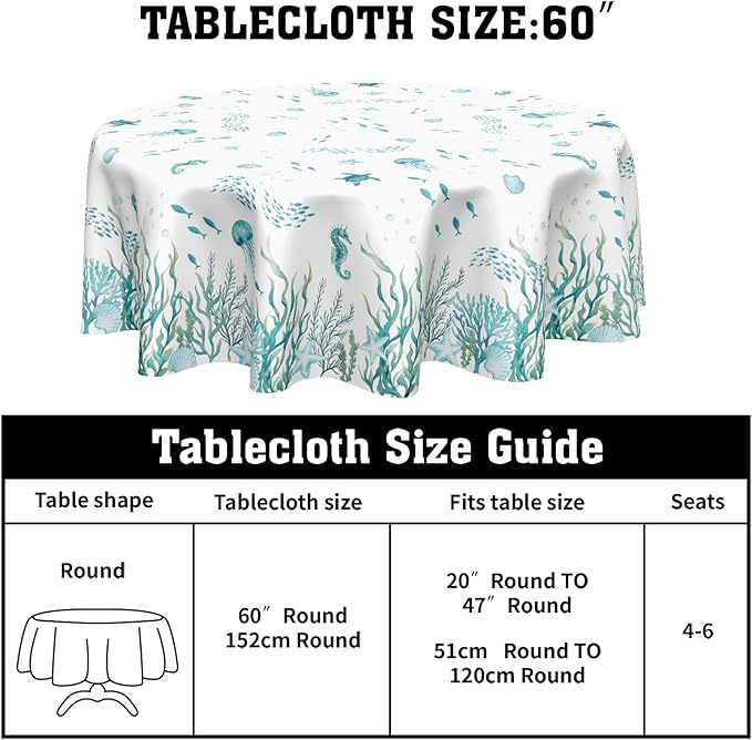 Summer Coastal Round Tablecloth 60 Inch Nautical Sea Turtle Seaweed Jellyfish Polyester Table Cloth Rustic Farmhouse Beach Theme Table Cover for Kitchen Dinner Party Decor