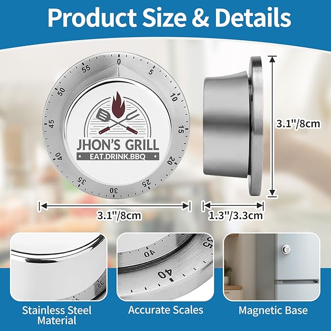Personalized Kitchen Timer with Name, BBQ Gifts for Dad, Stainless Steel Mechanical Timer, with Magnet Back Loud Alarm, No Batteries Required