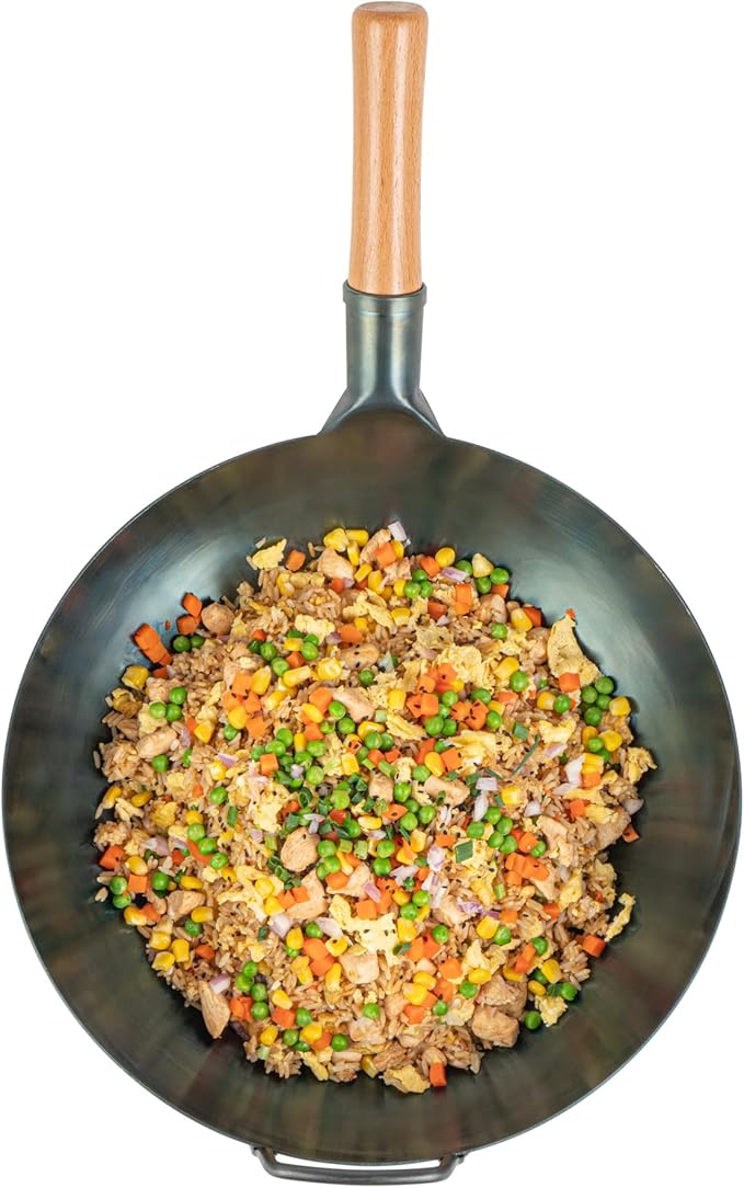 Restaurantware-Motomori 14 Inch Blue Carbon Steel Wok Pan, 1 Traditional Japanese Wok - Flat Bottom, Hand-Hammered, Carbon Steel Traditional Stir Fry Pan, With Wooden Handle