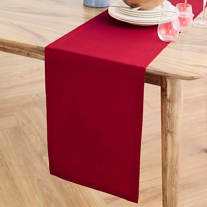 Solino Home Scarlet Red Table Runner 108 Inches Long - Dru Cotton Linen Dining Table Runner 14 x 108 Inch for Valentines - Handcrafted and Machine Washable