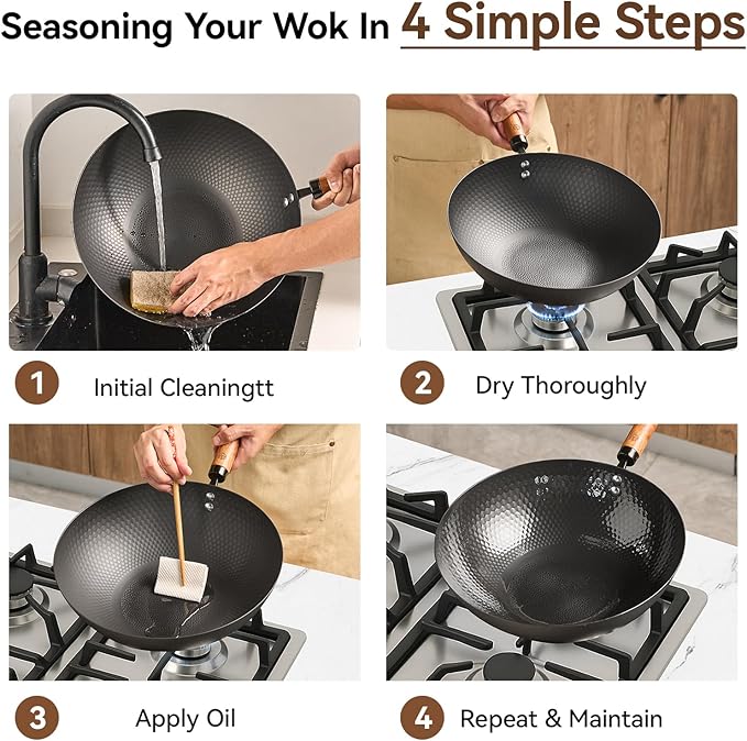 WANGYUANJI 12.6" Iron Wok with Lid, Flat Bottom Nonstick Wok Pan with Detachable Wooden Handle, Chinese Stir Fry Pan for Induction, Gas and Electric Stoves