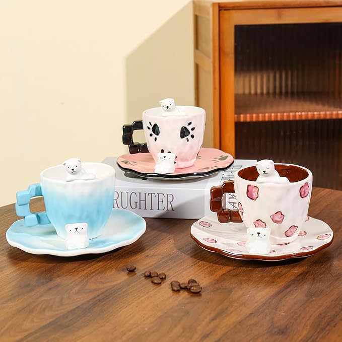 Cute Ceramic Coffee Mug, Handmade Polar Bear Tea Cups and Saucers for Women Tea Party, Latte Milk Cappuccino 8OZ (Pink Paw Prints)